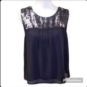 Ann Taylor LOFT petite navy blue sleeveless sequin flowy blouse size LP
